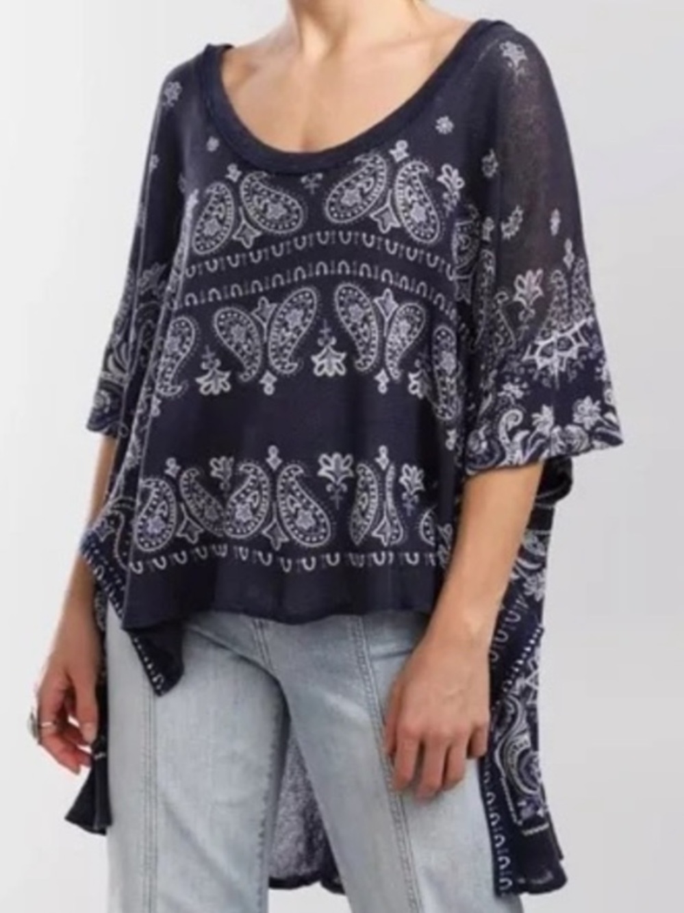 EUC Free People No Matter What High/Low Paisley Top Blue Oversized Small